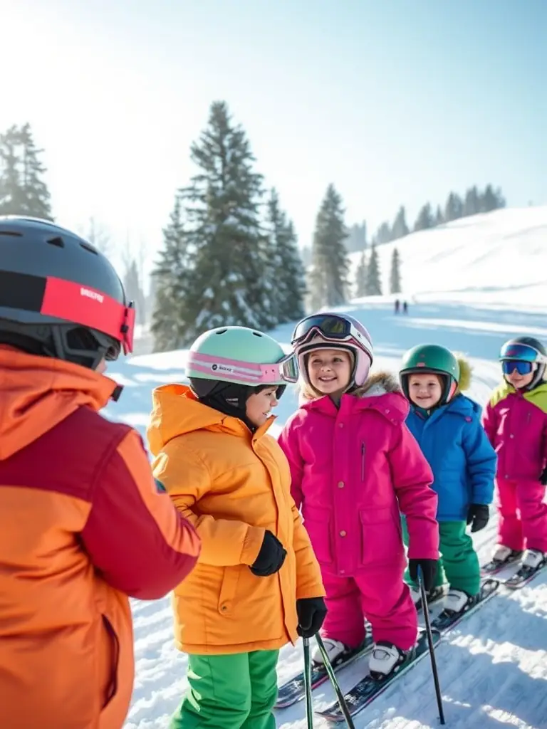 A group of children in colorful ski gear learning to ski with an instructor on a gentle slope at SKI CLUB ST URCIZE.