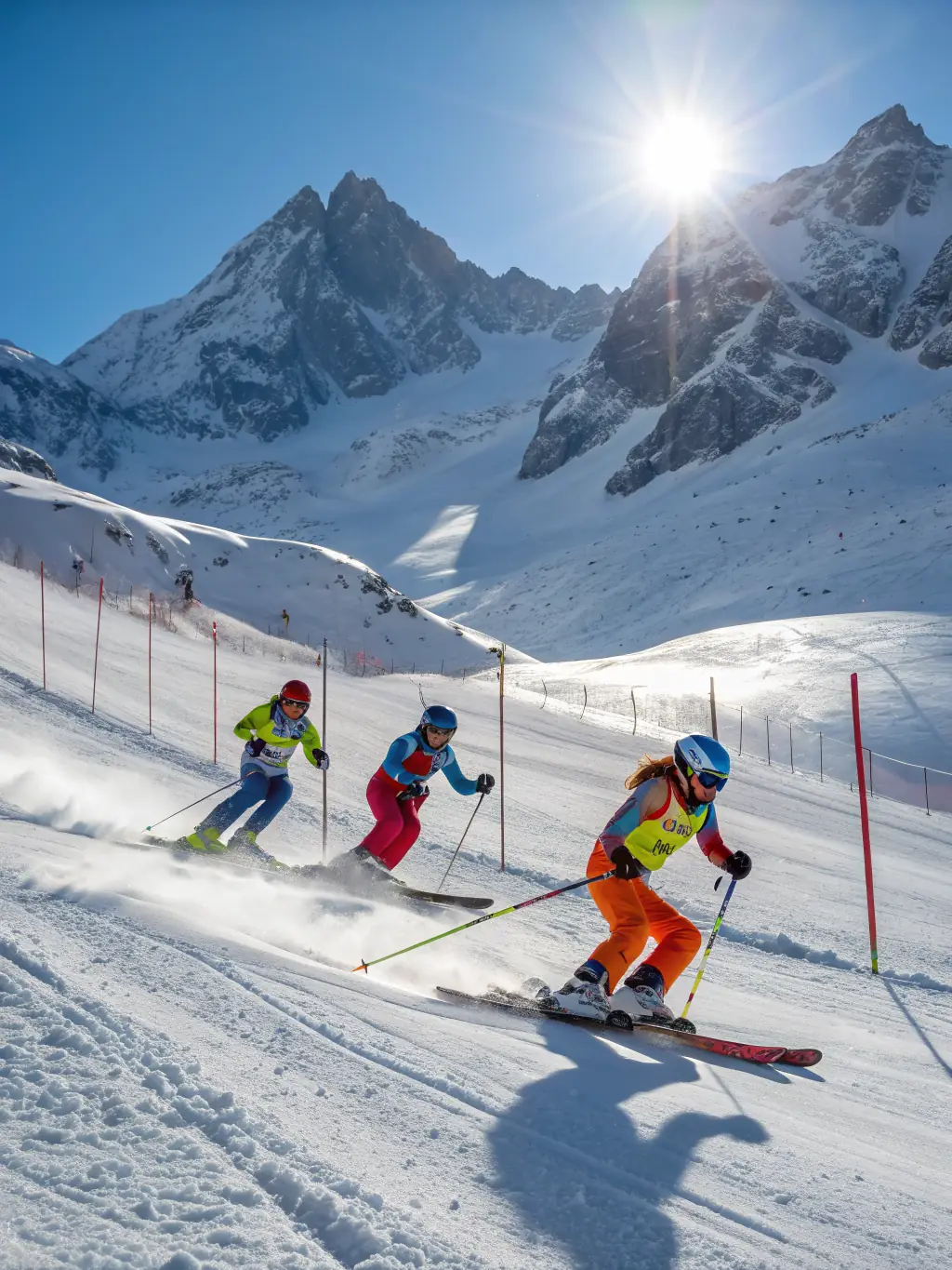 A group of diverse skiers of different ages and skill levels, smiling and skiing together, representing the inclusive community of SKI CLUB ST URCIZE.