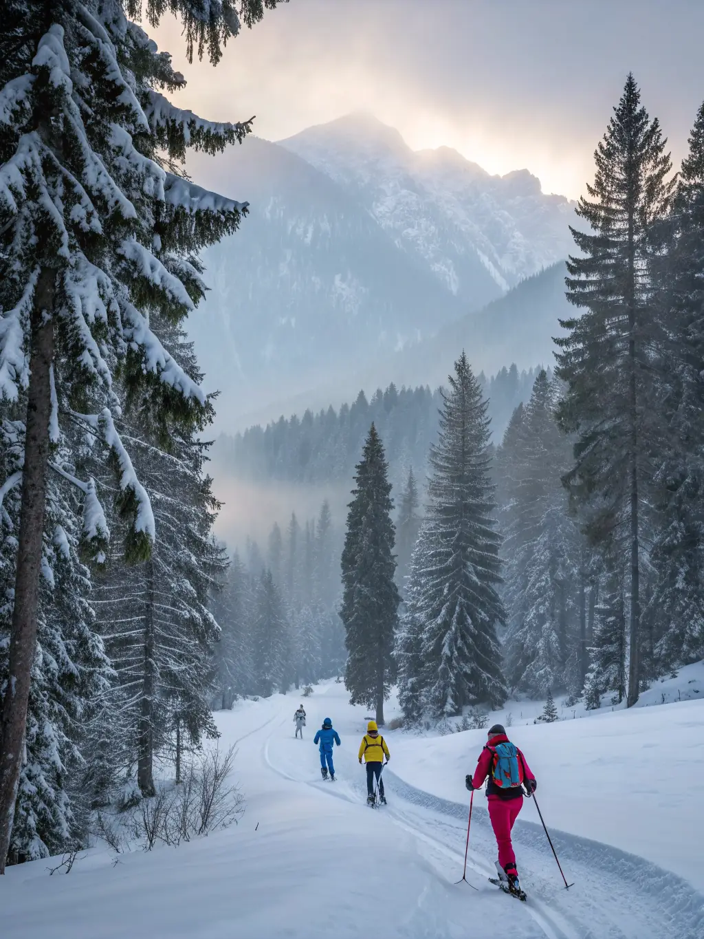 A photo of participants enjoying a cross-country skiing session on a groomed trail at SKI CLUB ST URCIZE.