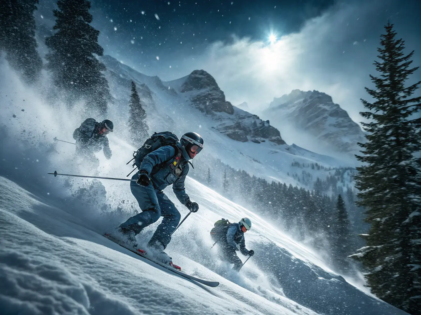 A photograph of a group of adult skiers participating in an advanced ski training session on a challenging mountain terrain. The image showcases the skill and expertise developed through the club's training programs.