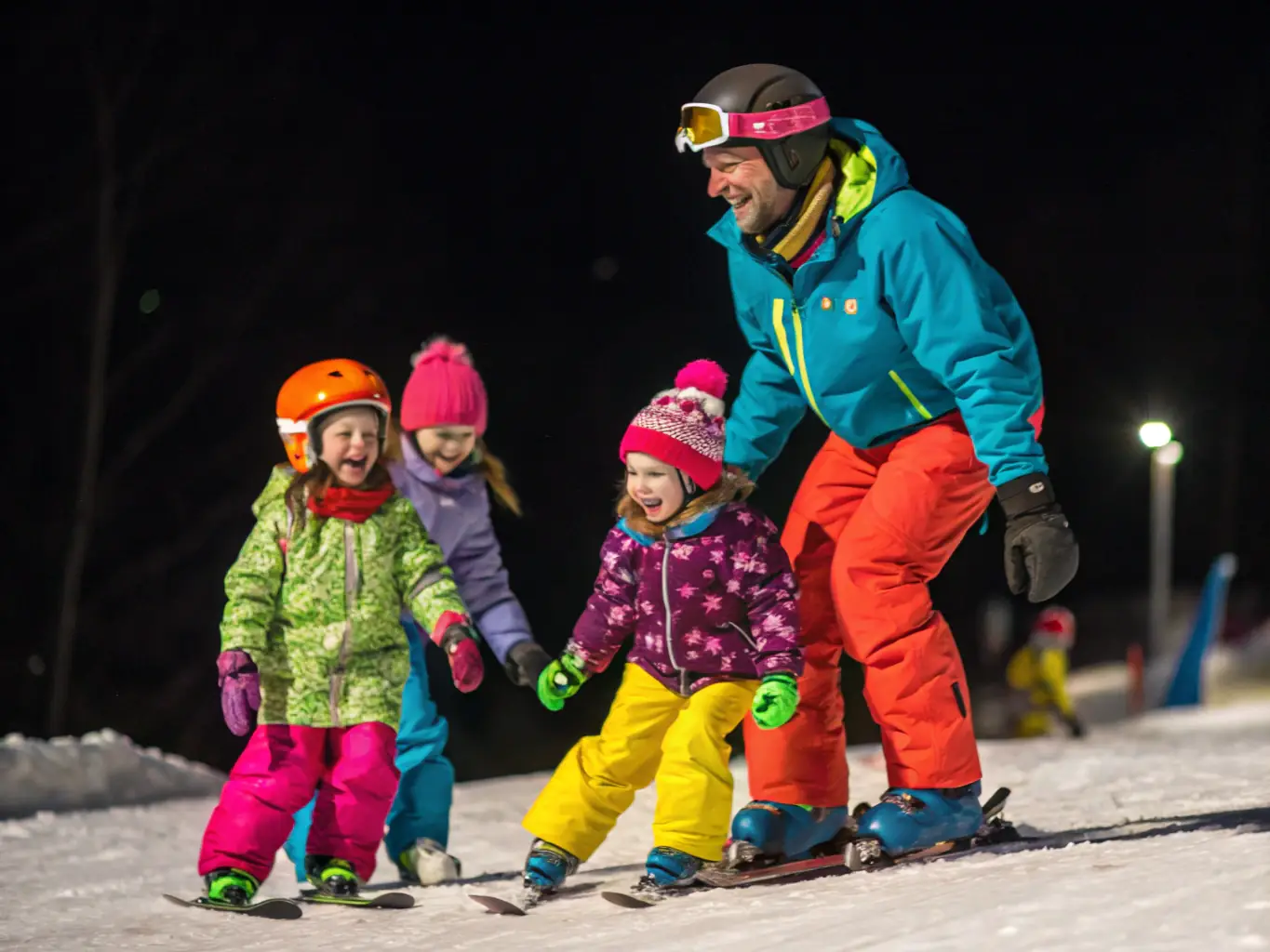 A group of children participating in a ski lesson, led by an instructor, on a gentle, snow-covered slope. The scene captures the fun and learning environment of the club's youth programs.