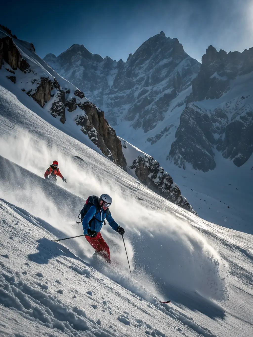 An image of advanced skiers carving down a steep slope during an advanced training session at SKI CLUB ST URCIZE.
