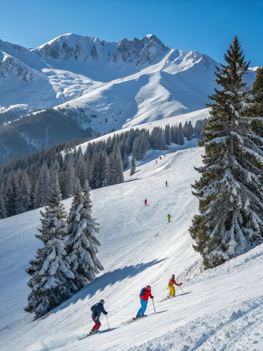 A scenic shot of skiers enjoying the pristine mountain environment, highlighting the club's dedication to environmental awareness.