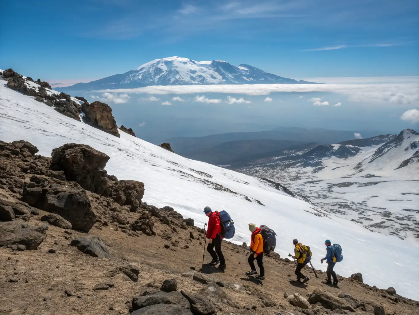 A scenic shot of a group of skiers participating in a guided backcountry tour, surrounded by pristine snow-covered mountains. The image emphasizes the club's commitment to environmental awareness and responsible enjoyment of mountain environments.