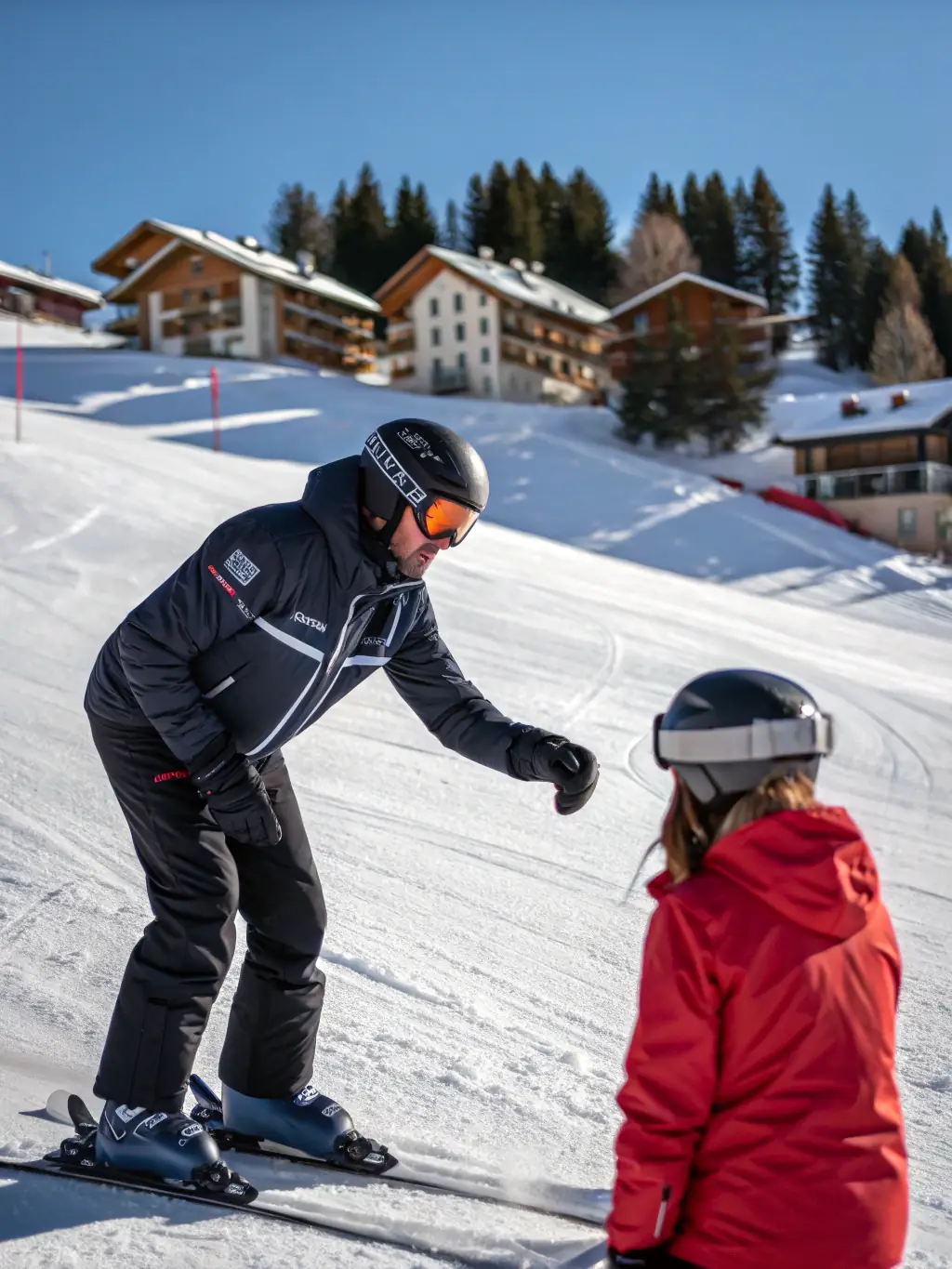 A photo of a ski instructor demonstrating proper safety techniques to a group of participants, emphasizing the club's commitment to safety.