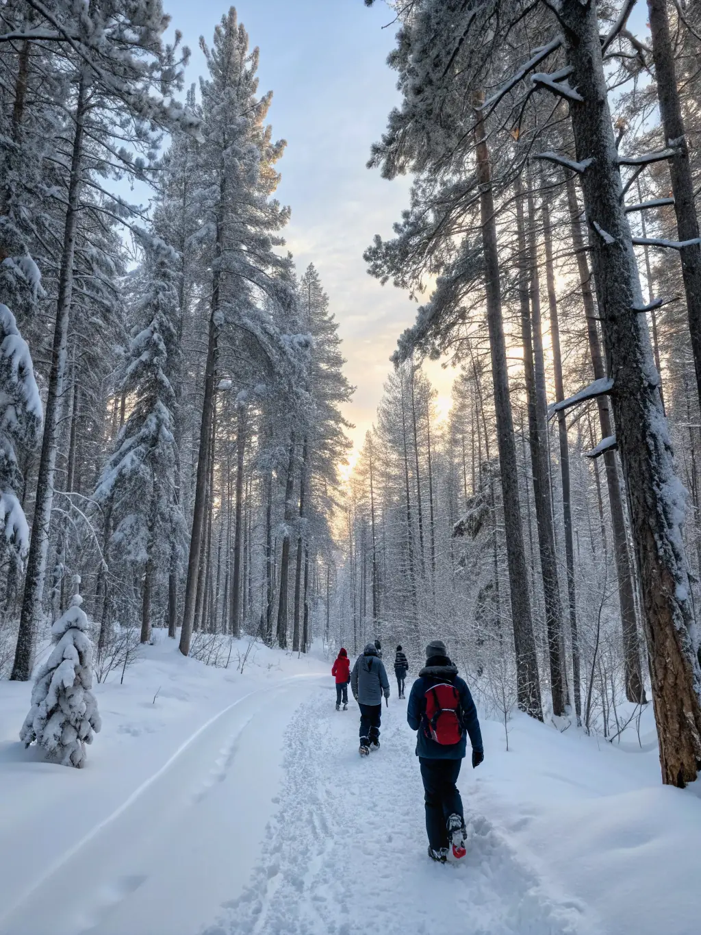 A scenic view of a group of people snowshoeing through a snowy forest during a guided snowshoe tour organized by SKI CLUB ST URCIZE.
